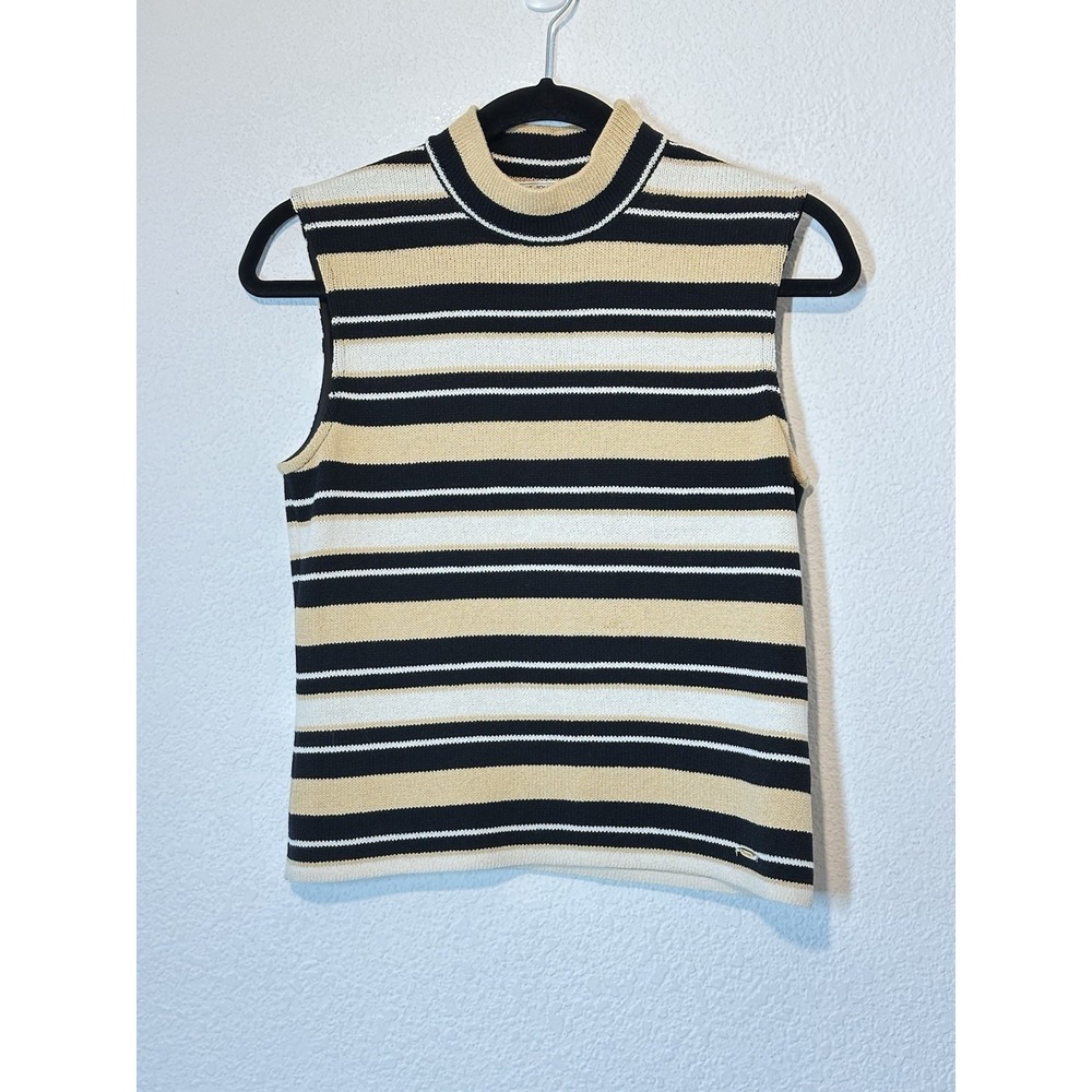 St. John Sport by Marie Gray Sleeveless Mock Neck Top Black/Tan Stripe P